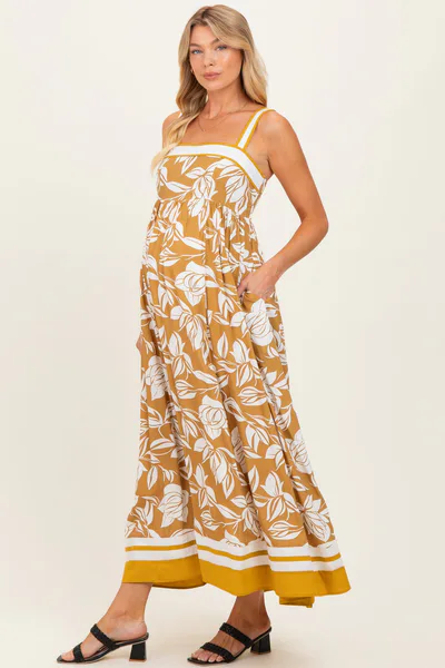 PinkBlush Golden Yellow Floral Sleeveless Maternity Maxi Dress
