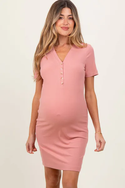 PinkBlush Mauve Ribbed Short Sleeve Henley Maternity Dress