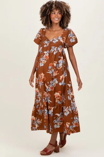 PinkBlush Brown Floral Sweetheart Puff Sleeve Maternity Midi Dress