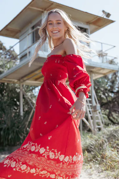 Petal & Pup Domenica Shirred Long Sleeve Midi Dress - Red Floral Bandana