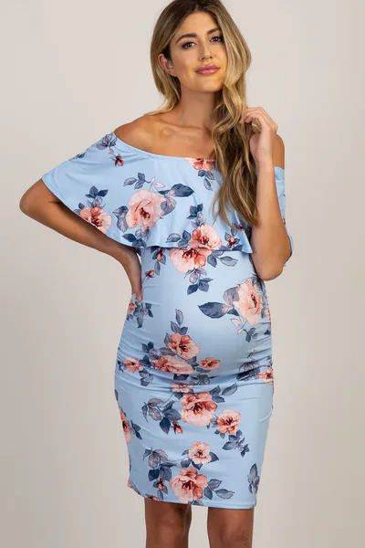 PinkBlush Light Blue Rose Print Ruffle Fitted Maternity Dress