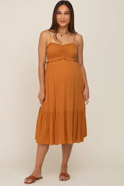 PinkBlush Camel Smocked Ruffle Accent Maternity Midi Dress