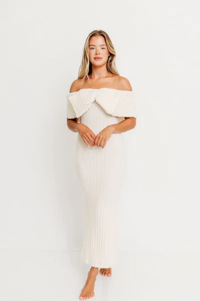 Worth Collective Aston Bow Front Maxi Sweater Dress in Ivory – Bump Friendly & Inclusive Sizing (S-3XL)