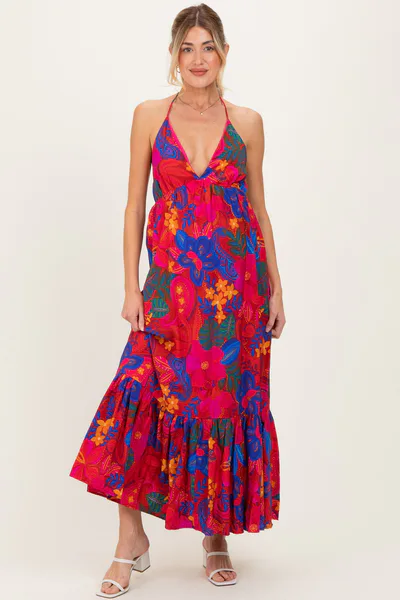 PinkBlush Red Floral Halter V-Neck Maternity Maxi Dress