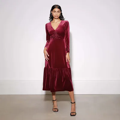 For The Creators Velvet V Neck Midi Dress