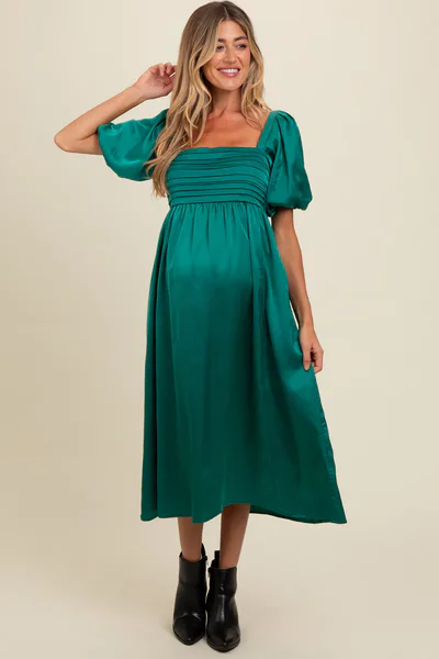 PinkBlush Emerald Green Satin Pleated Bodice Puff Sleeve Maternity Midi Dress