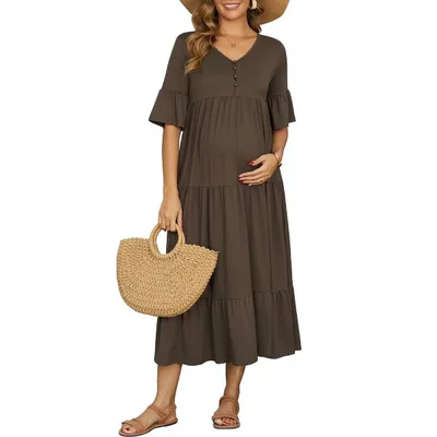 Target INSPIRE CHIC Maternity Maxi Dress Short Sleeves ruffled sleeve Baby Shower Pregnancy Dresses for Photoshoot Flowy Casual 2026 Summer XX-Large Coffee