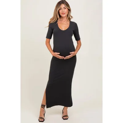 Target Pinkblush Charcoal Ruched Short Sleeve Side Slit Maternity Midi Dress Small