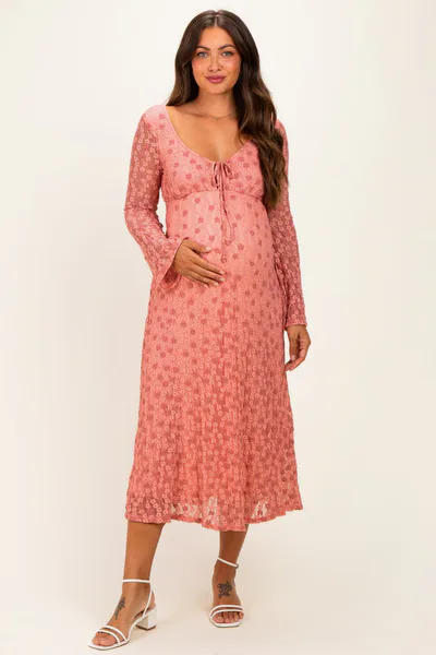 PinkBlush Pink Floral Lace Long Bell Sleeve Maternity Midi Dress