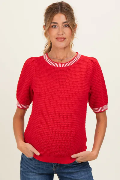 PinkBlush Red Waffle Knit Maternity Sweater Top