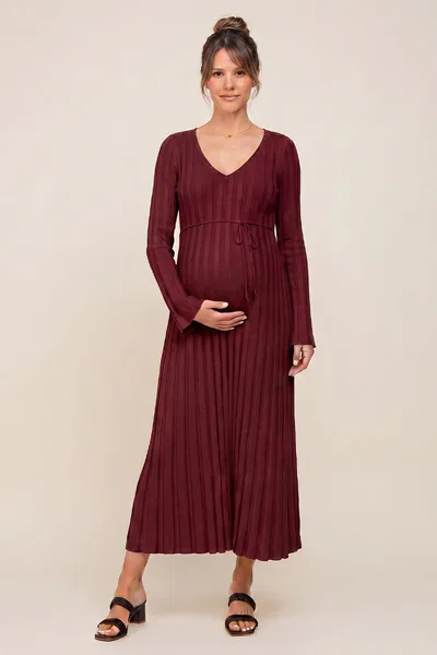 Summer Mae Summer Mae Ribbed Knit V-Neck Maternity Midi Dress | Flare Sleeve Empire Waist Bump Friendly Sweater Dress