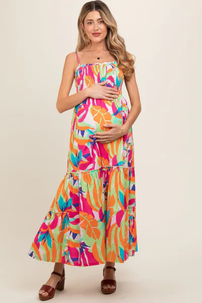 PinkBlush Green Printed Smocked Bodice Tiered Maternity Maxi Dress