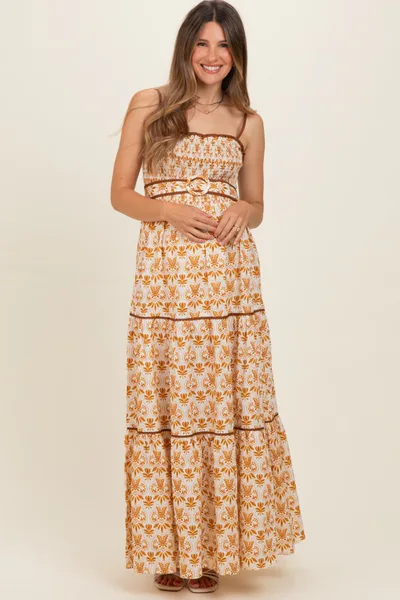 PinkBlush Camel Printed Smocked Maternity Maxi Dress