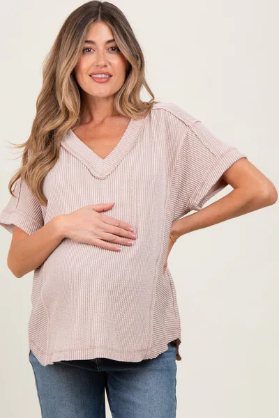 PinkBlush Beige Ribbed Raw Hem Maternity Short Sleeve Top