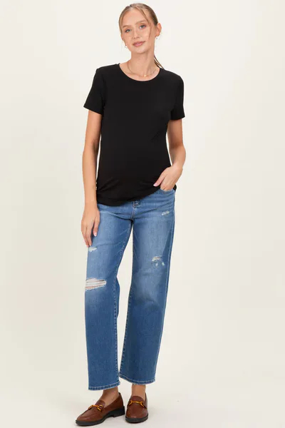 PinkBlush Blue Distressed Ripped Knee Straight Leg Maternity Jeans