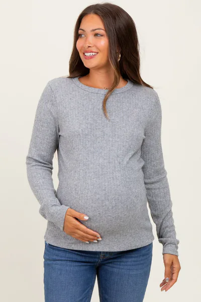 PinkBlush Heather Grey Ribbed Knit Maternity Long Sleeve Top