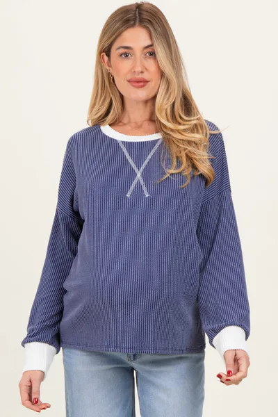 PinkBlush Navy Textured Rib Relaxed Fit Maternity Pullover Top