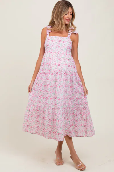 PinkBlush Light Pink Floral Shoulder Tie Maternity Midi Dress