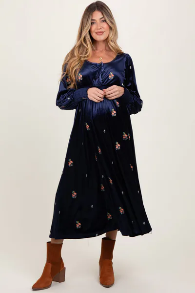 PinkBlush Navy Velvet Embroidered Floral Maternity Midi Dress