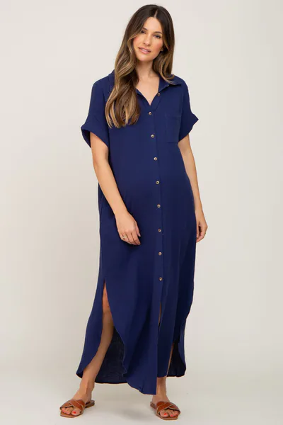 PinkBlush Navy Button Down Maternity Midi Dress