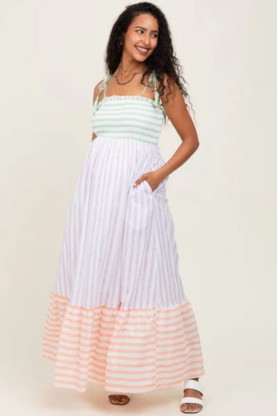 PinkBlush Lavender Multi-Color Striped Color Block Shoulder Tie Maternity Maxi Dress