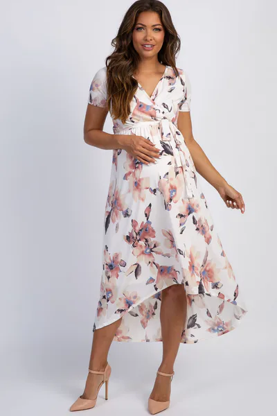 PinkBlush PinkBlush Ivory Watercolor Floral Hi-Low Maternity Wrap Dress