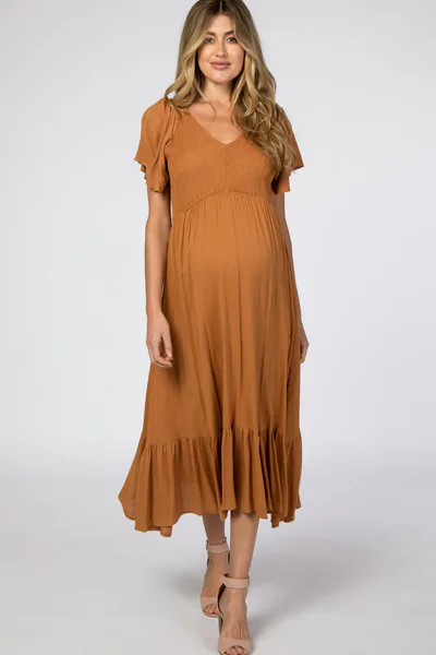 PinkBlush Camel Smocked V-Neck Maternity Midi Dress