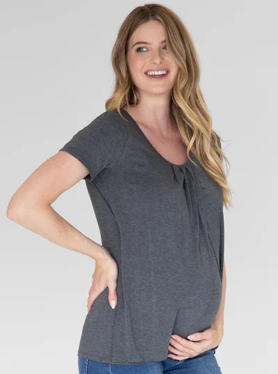 Angel Maternity Petal Front Short Sleeve Top in Charcoal