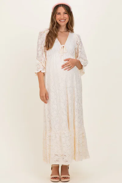 PinkBlush Ivory Floral Lace 3/4 Ruffle Sleeve V-Neck Maternity Maxi Dress