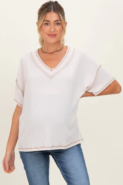 PinkBlush Cream Ribbed Short Sleeve V-Neck Reverse Stitch Maternity Top