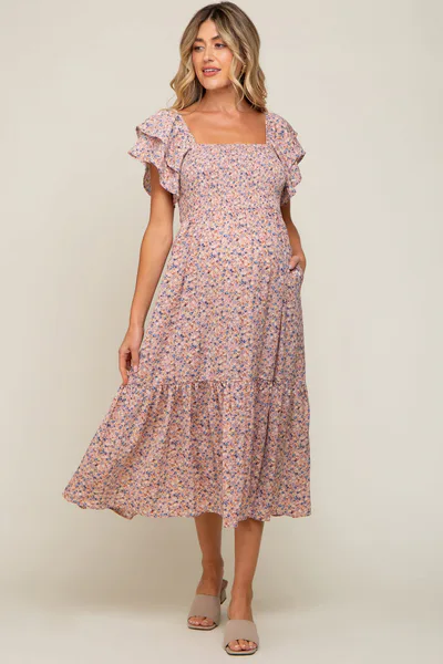 PinkBlush Light Pink Floral Flutter Maternity Midi Dress
