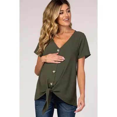 Target PinkBlush Light Olive Button Tie Front Maternity Top Light Olive Large