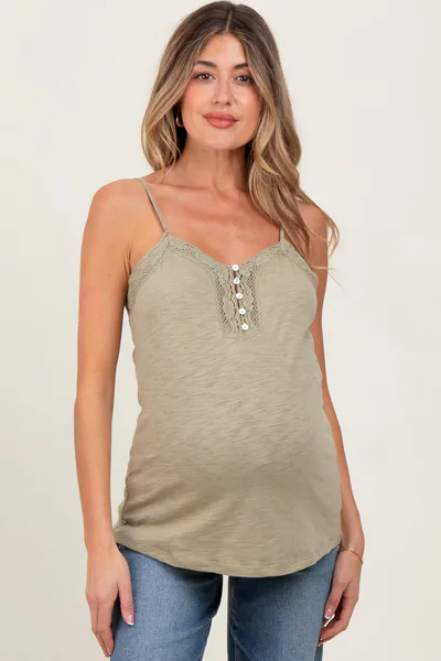 PinkBlush Light Olive Crochet Lace Button Detail Maternity Tank