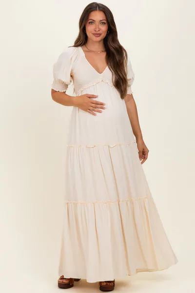 PinkBlush Cream V-Neck Smocked Tiered Maternity Maxi Dresses