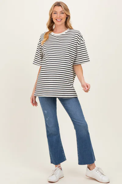 PinkBlush Black Striped Short Sleeve Crew Neck Oversized Cotton Maternity Top