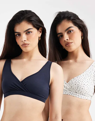 ASOS Lindex Maternity 2 pack pointelle print nursing wrap bras in white and navy
