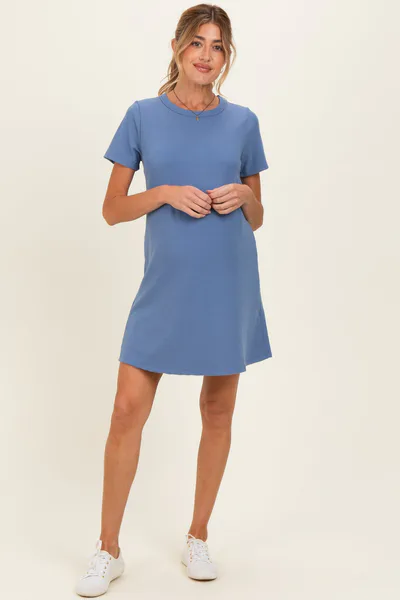 PinkBlush Blue Ribbed Knit Basic Short Sleeve Maternity T-Shirt Dress
