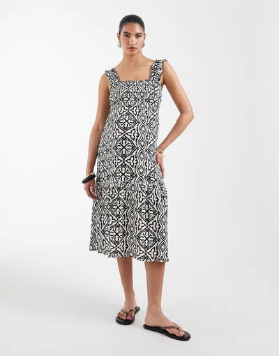 ASOS Vero Moda Maternity sleeveless shirred bodice tiered midi dress in black tile print