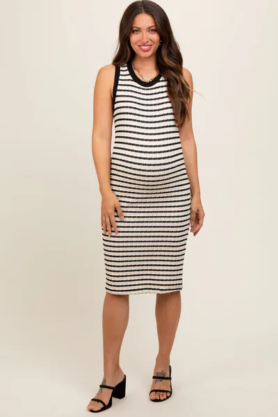 PinkBlush Cream Black Striped Sleeveless Fitted Knit Maternity Dress