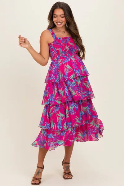 PinkBlush Fuchsia Floral Smocked Tiered Maternity Midi Dress