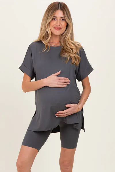 PinkBlush Ash Grey Hi-Low Short Sleeve Tee Biker Short Maternity Set