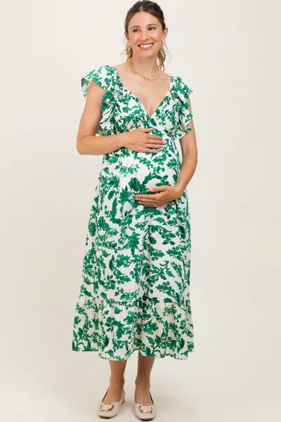 PinkBlush Green Floral V-Neck Flutter Sleeve Maternity Midi Dress