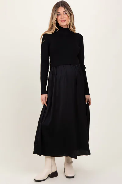 PinkBlush Black Knit Contrast Top Satin Maternity Midi Dress