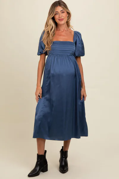 PinkBlush Blue Satin Pleated Bodice Puff Sleeve Maternity Midi Dress