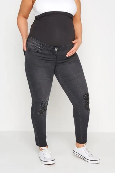 Yours Clothing BUMP IT UP MATERNITY Black Washed Ripped AVA Jeans With Comfort Panel & Stretch
