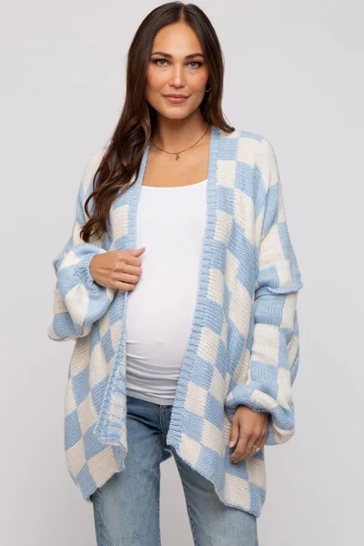 PinkBlush Light Blue Checkered Print Oversized Maternity Cardigan