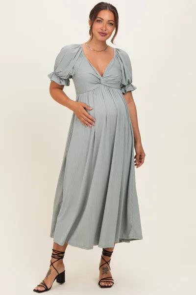 PinkBlush Green Ribbed Short Sleeve Empire Waist V-Neck Maternity Maxi Dress