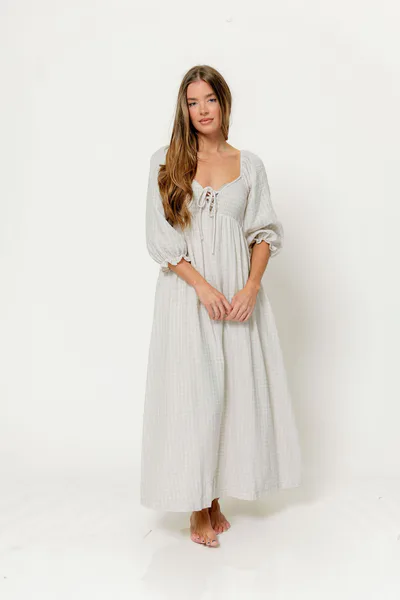 Worth Collective Cecilia 100% Cotton Smocked Maxi Dress in Baby Blue Plaid (Lined) - Bump Friendly