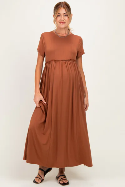 PinkBlush Mocha Ruffle Trim Maternity Maxi Dress