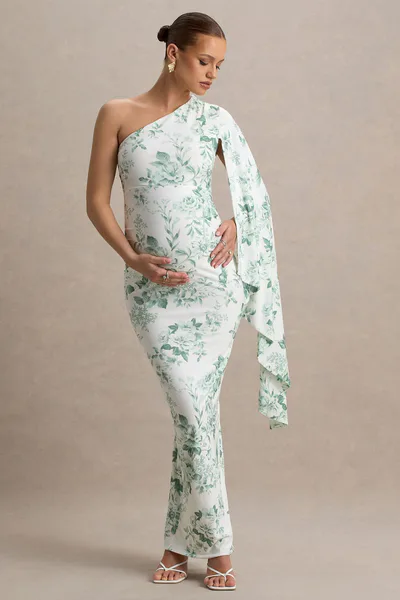 Club L London Aliana | Green Porcelain Print Asymmetric Maternity Maxi Dress With Ruched Detailing